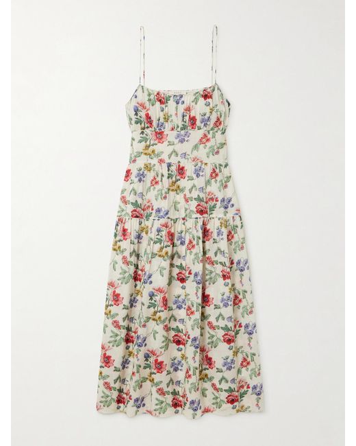 Doen White Benoit Gathered Tiered Floral-Print Ramie Midi Dress