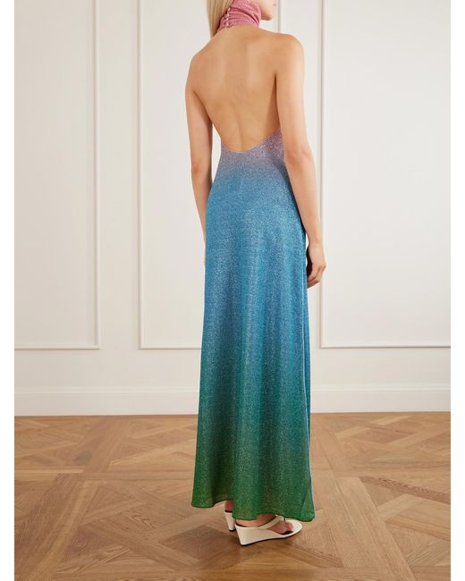 Oseree Blue Lumière Candy Ombrè Metallic Stretch-Knit Halterneck Maxi Dress