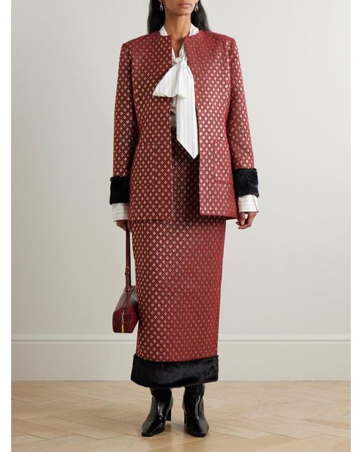 D'Estree Red Lea Plush-Trimmed Metallic Jacquard Jacket