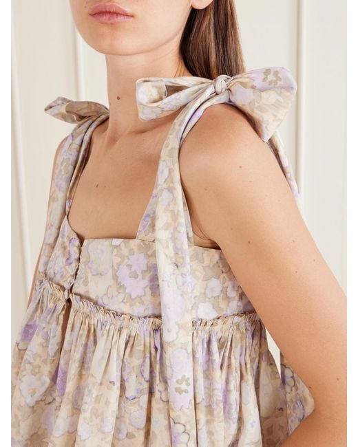Chloé White Bow-Detailed Ruffled Floral-Print Cotton-Poplin Top
