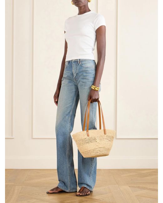 Saint Laurent Natural Panier Small Leather-Trimmed Raffia Tote