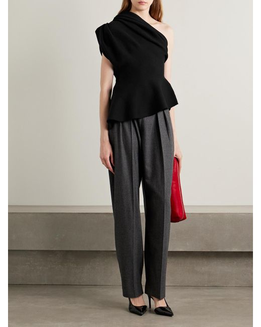 Khaite Black Aimee Asymmetric One-Shoulder Wool-Blend Peplum Top