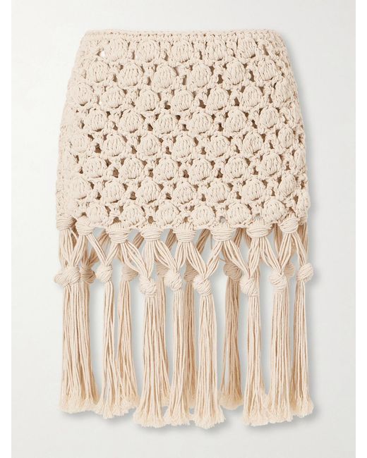 Balmain Natural Fringed Crochet-Knit Cotton Mini Skirt