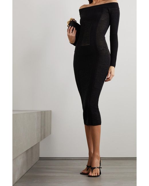 Balmain Black Off-The-Shoulder Ribbed-Knit Midi Dress