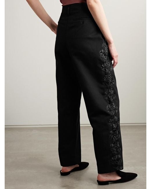 Bode Black Ribbon Garland Satin-Trimmed Pleated Cotton-Twill Wide-Leg Pants