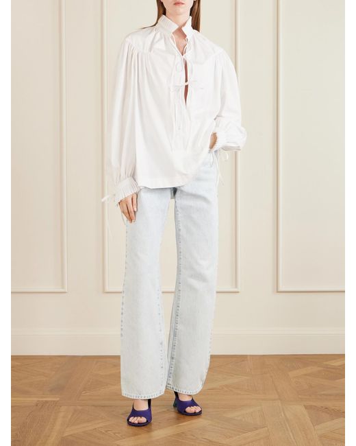 Dries Van Noten White Tie-Detailed Ruffled Gathered Cotton-Poplin Blouse