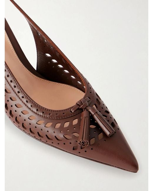 Gianvito Rossi Brown 55 Laser-Cut Leather Kitten Heel Slingback Pumps