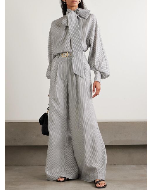 Zimmermann Gray Bluse Aus Einer Gestreiften Baumwoll-Seidenmischung Mit Schluppe
