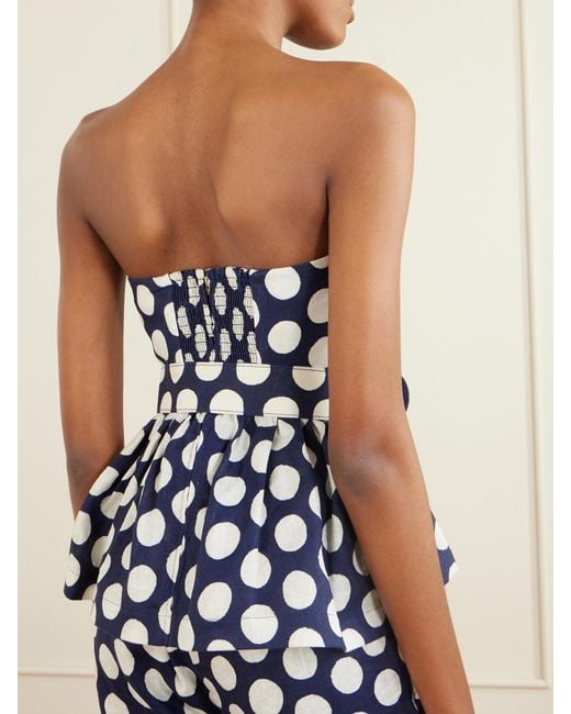 Cara Cara Blue Tilda Strapless Belted Peplum Polka Dot Linen Top