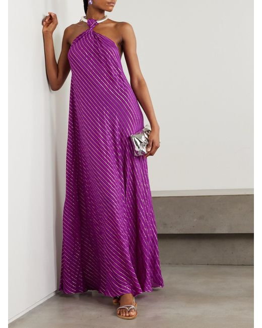 Johanna Ortiz Purple Net Sustain Majestic Power Embellished Silk-Blend Chiffon Halterneck Maxi Dress