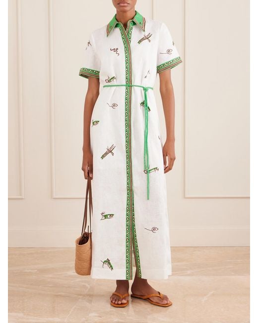 ALÉMAIS Natural Wanda Belted Embroidered Linen Midi Shirt Dress