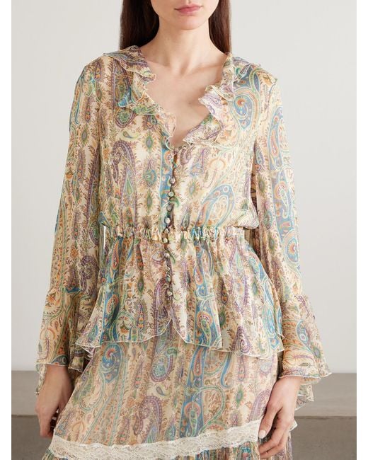 Etro Natural Ruffled Paisley-Print Silk-Chiffon Peplum Blouse