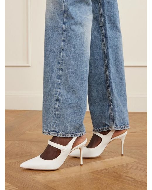 Manolo Blahnik Natural Camparisli 90 Leather-Trimmed Raffia Mary Jane Slingback Pumps