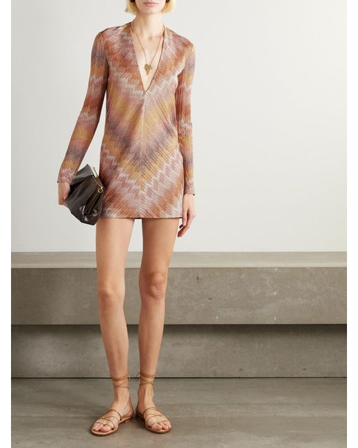 Missoni Metallic Striped Crochet-Knit Mini Dress in Brown