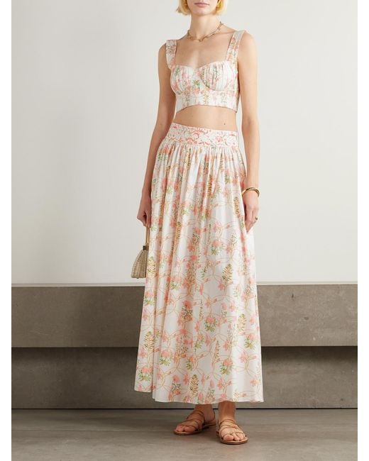 Emporio Sirenuse Natural Dalia Cropped Shirred Printed Cotton Bustier Top