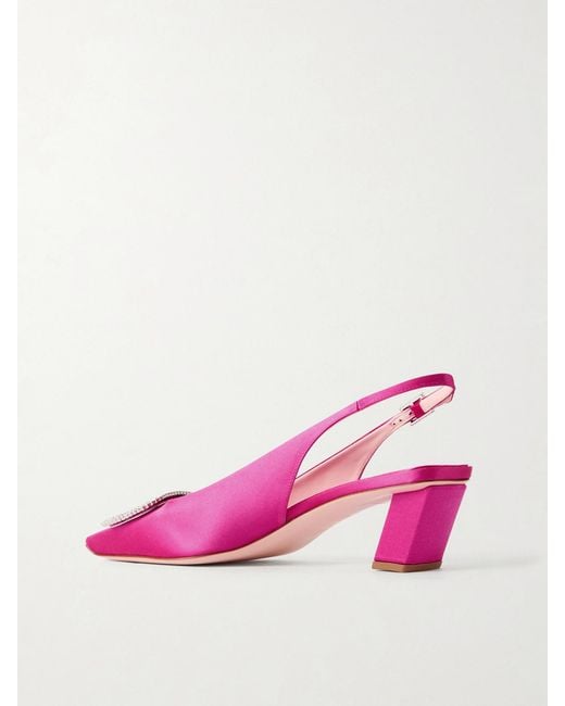 Roger Vivier Pink Belle Vivier Pilgrim 45 Crystal-Embellished Satin Slingback Pumps