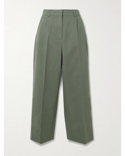 Anine Bing Green Belen Pleated Cotton-Twill Tapered Pants