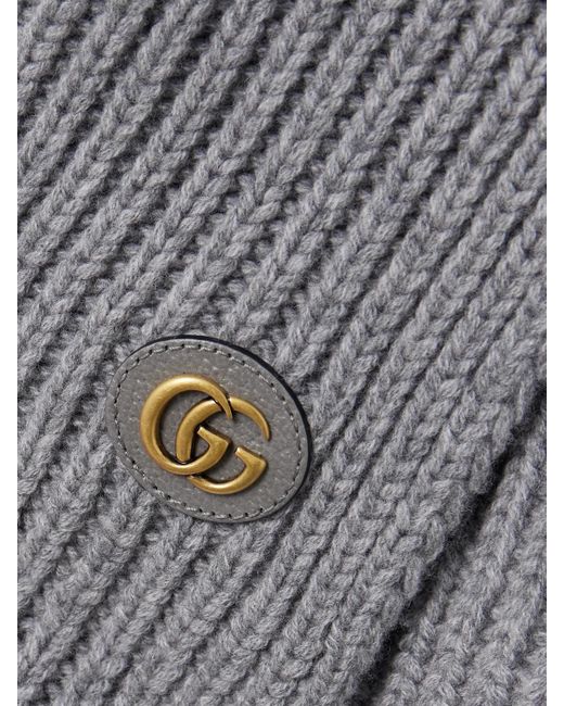 Gucci Gray Embellished Leather-Trimmed Ribbed Wool And Cashmere-Blend Scarf