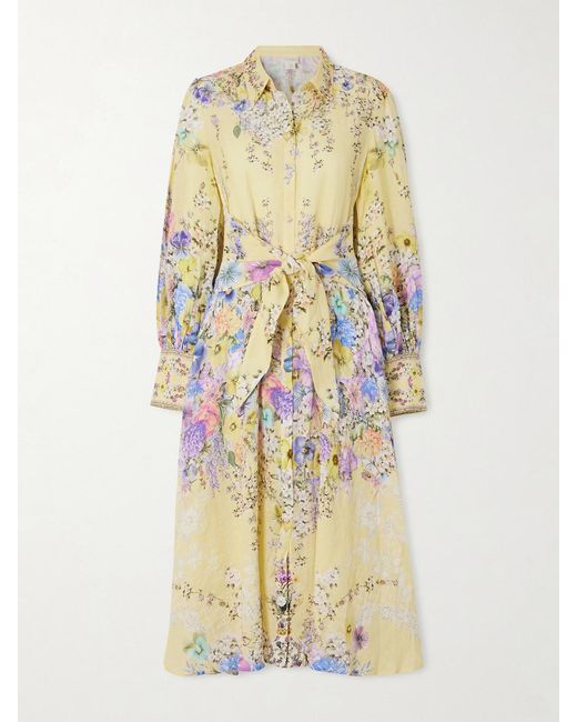 Camilla Metallic Crystal-Embellished Floral-Print Silk And Linen-Blend Midi Shirt Dress