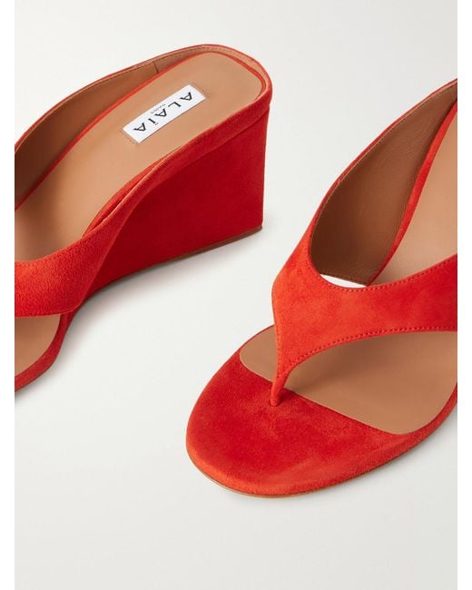 Alaïa Red Tong 75 Suede Wedge Sandals