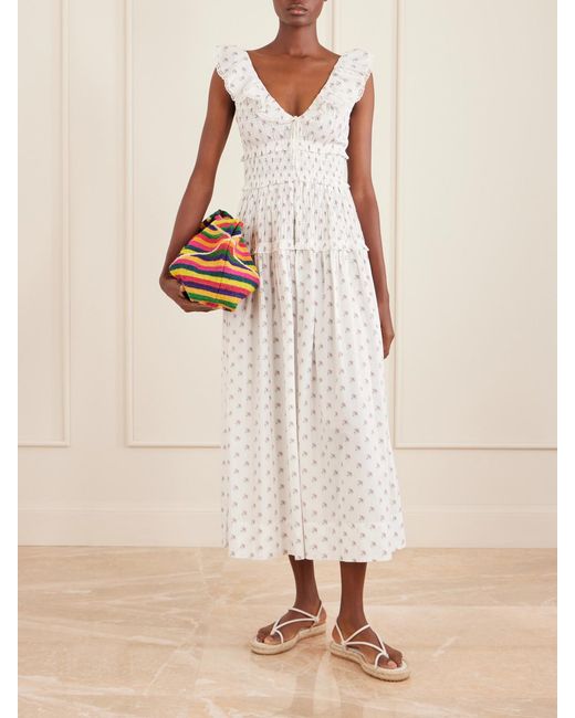 Doen White Sorina Tiered Embroidered Floral-Print Organic Cotton Midi Dress