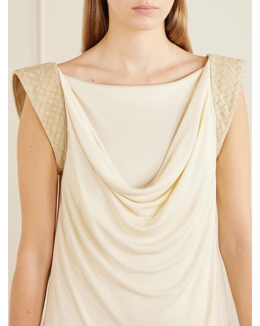 Bottega Veneta White Intrecciato Draped Leather-Trimmed Jersey Maxi Dress