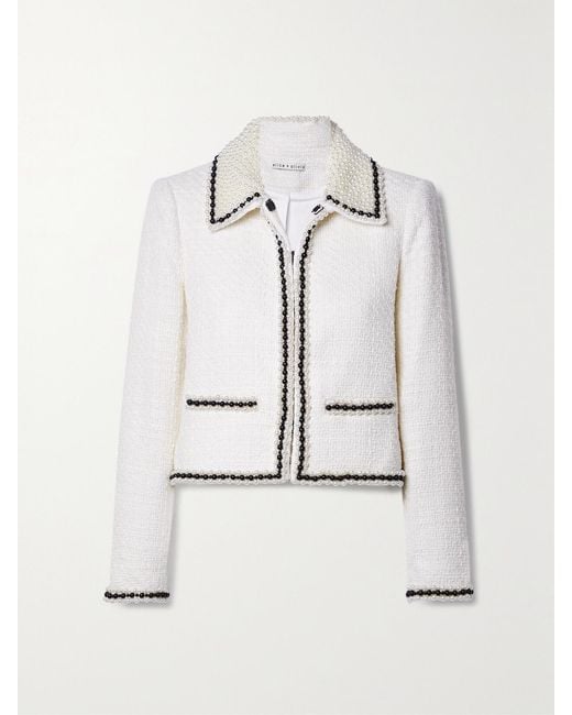 Alice + Olivia Natural Kidman Cropped Bead-Embellished Tweed Jacket