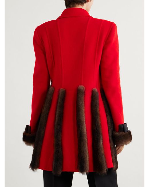 Valentino Garavani Red Bow-Detailed- Shearling-Trimmed Cashmere Coat