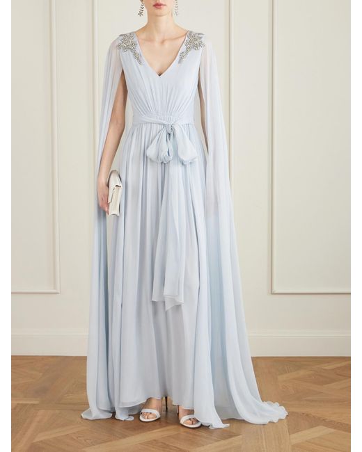 Erdem White Belted Cape-Effect Crystal-Embroidered Silk-Crepon Gown