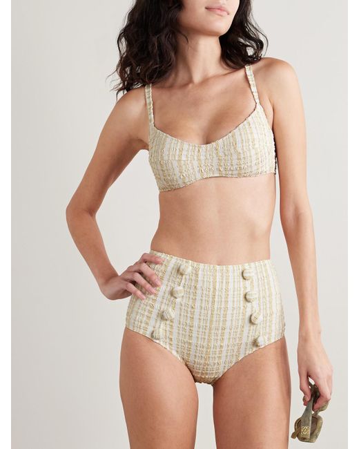 Lisa Marie Fernandez White Button-Embellished Striped Seersucker Bikini