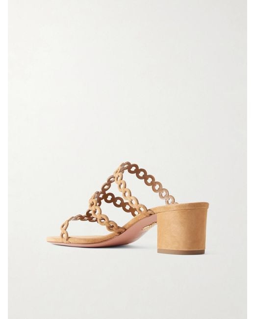 Aquazzura Brown Infinity Chain Perforated Suede Mules