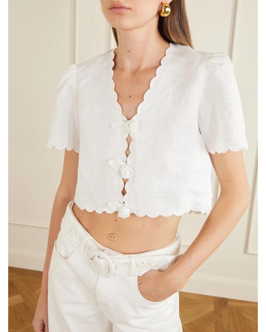 Farm Rio White Cropped Floral-Appliquéd Scalloped Linen Top