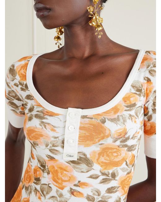 Chloé White Floral-Print Ribbed Stretch-Cotton Jersey T-Shirt