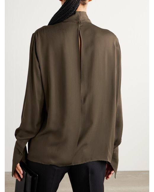 Tom Ford Green Cutout Draped Pleated Silk-Georgette Blouse