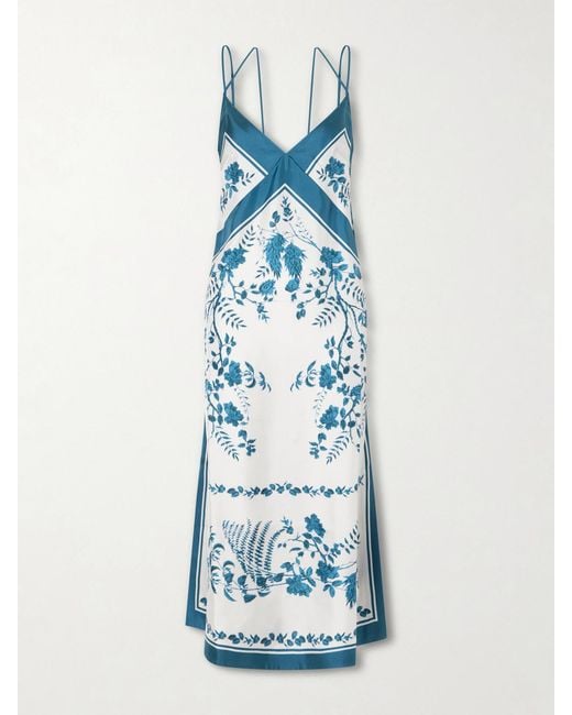Erdem Blue Floral-Print Silk-Twill Midi Dress