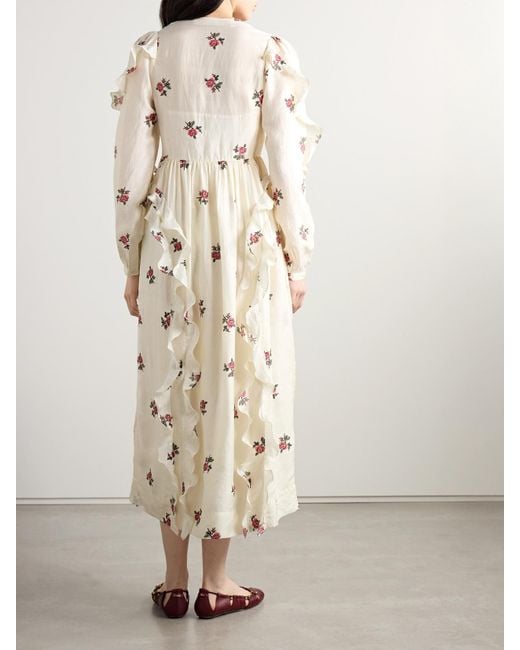 Alix Of Bohemia Natural Lina Ruffled Floral-Print Silk-Voile Midi Dress