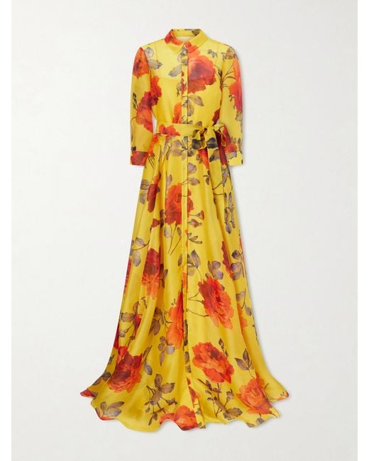 Carolina Herrera Yellow Belted Floral-Print Silk-Organza Gown