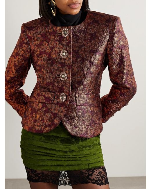 Saint Laurent Red Crystal-Embellished Wool-Blend Brocade Jacket