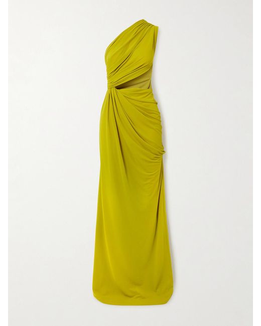 Alex Perry Yellow One-Shoulder Cutout Draped Gathered Stretch Recycled Crepe-Jersey Gown