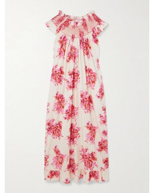 Loretta Caponi Pink Delfina Ruffled Smocked Floral-Print Cotton Maxi Dress