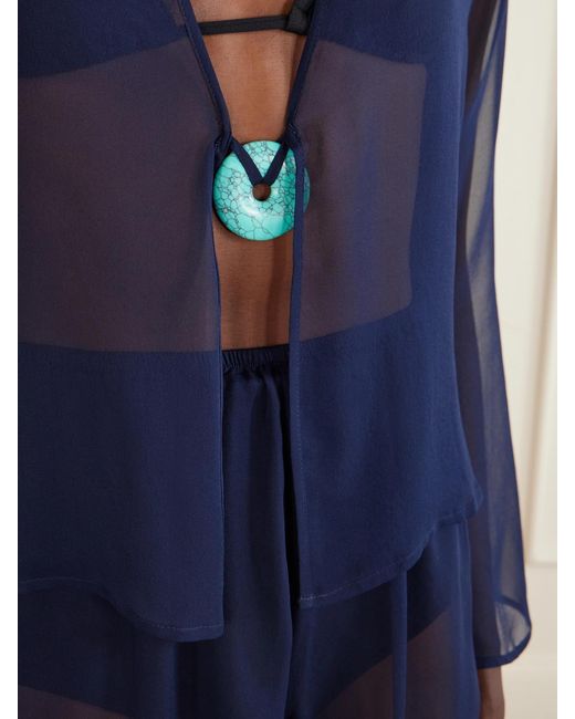 SARA CRISTINA Blue Nerea Pearl-Embellished Silk-Chiffon Blouse