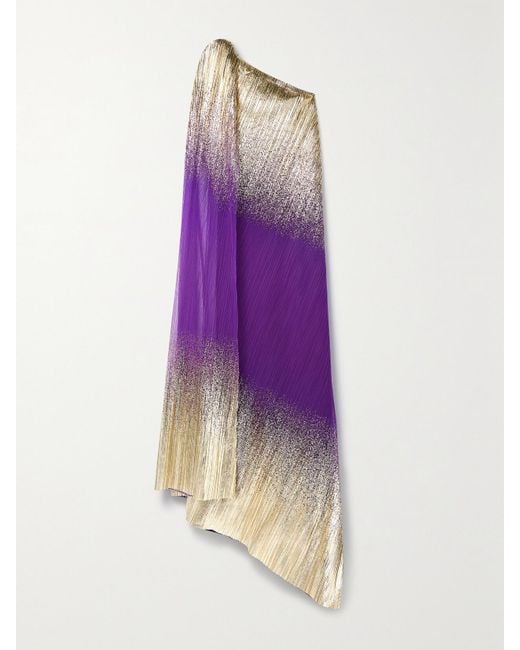 Dima Ayad Purple One-Shoulder Ombré Metallic Plissé-Tulle Gown