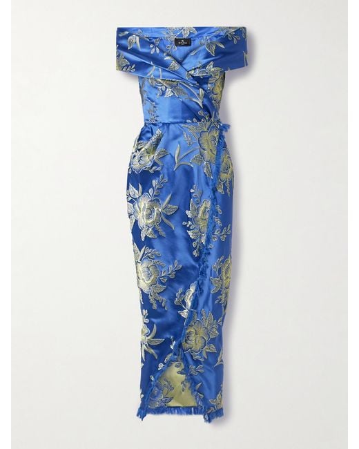 Etro Blue Off-The-Shoulder Fringed Floral-Brocade Midi Wrap Dress