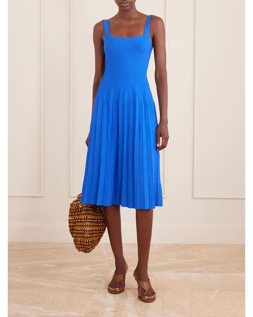 Staud Blue Ellison Pleated Knitted Stretch-Jersey Midi Dress