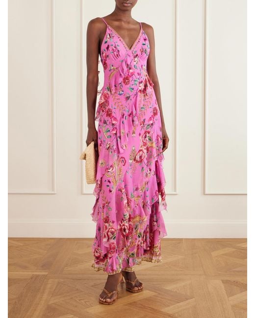 Camilla Pink Embellished Ruffled Silk-Georgette Maxi Dress