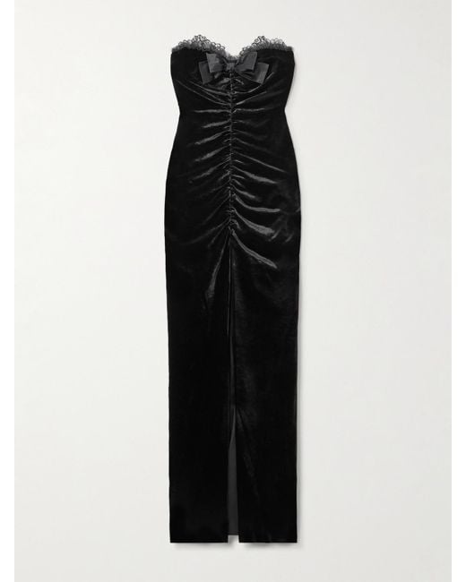 Alessandra Rich Black Sleveless Bow-Embellished Gathered Lace-Trimmed Velvet Gown