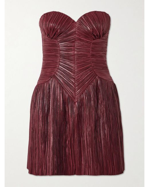 Cult Gaia Red Nella Strapless Plissé-Satin Mini Dress