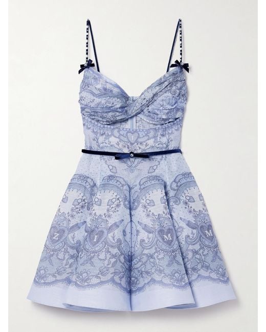 Zimmermann Blue Crush Embellished Velvet-Trimmed Printed Linen And Silk-Blend Mini Dress