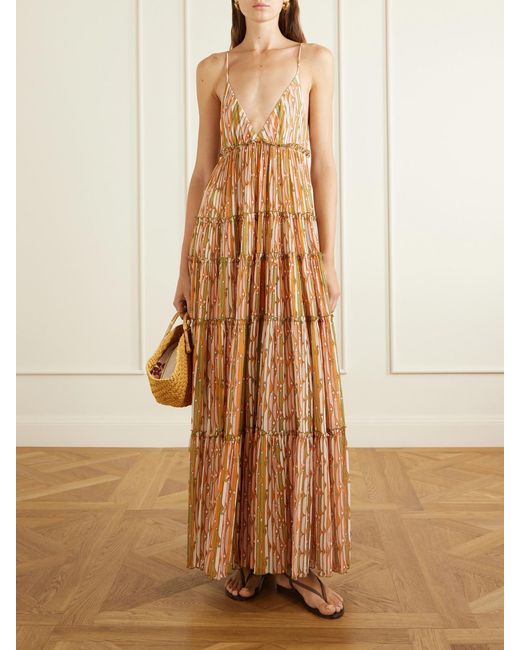 LaDoubleJ Natural Nymph Printed Ruffled Mesh Maxi Dress