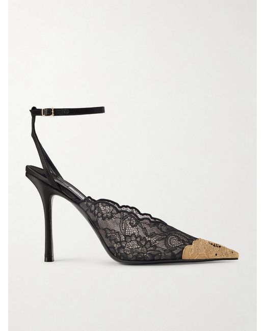 Jimmy Choo Black Faiz 100 Embellished Satin-Trimmed Lace Pumps